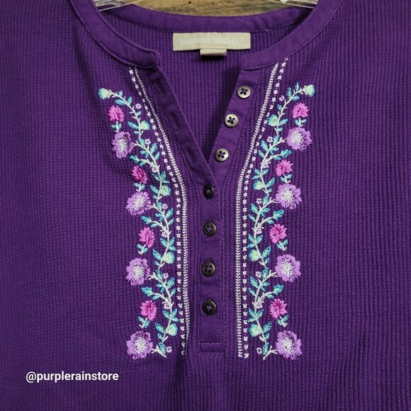Woman Within Thermal Henley Shirt Size 18 Floral Embroidered - Picture 2 of 10